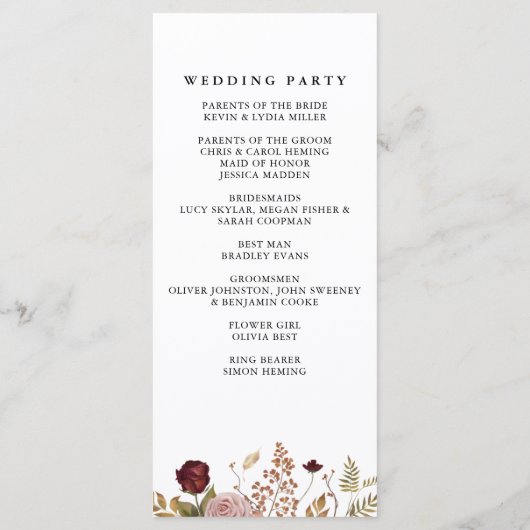 Rustic Botanical Autumn Fall Wedding Programmakaart (Achterkant)