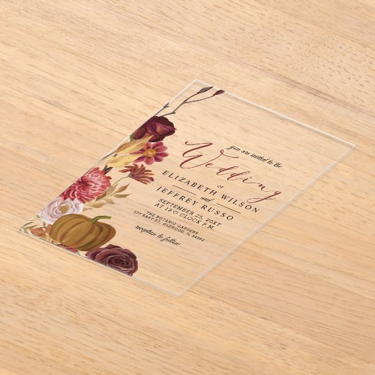 Rustic Botanical Autumn Herfst Pumpkin Wedding Acryl Uitnodigingen (Laagn)