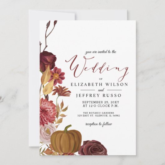 Rustic Botanical Autumn Herfst Pumpkin Wedding Kaart (Voorkant)