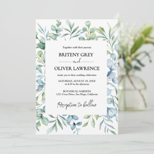 Rustic Botanical Eucalyptus Greenery Wedding Kaart (Staand voorkant)