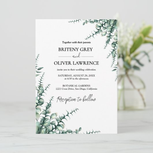 Rustic Botanical Eucalyptus Greenery Wedding Kaart (Staand voorkant)