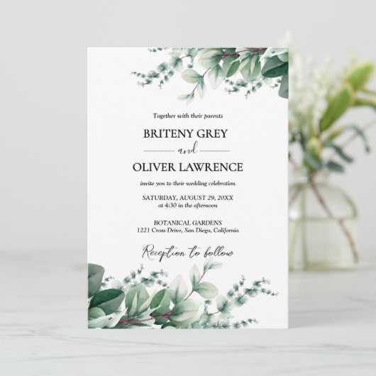 Rustic Botanical Eucalyptus Greenery Wedding Kaart (Staand voorkant)