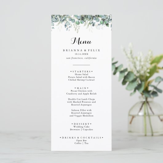Rustic Botanical Eucalyptus Greenery Wedding Menu (Staand voorkant)