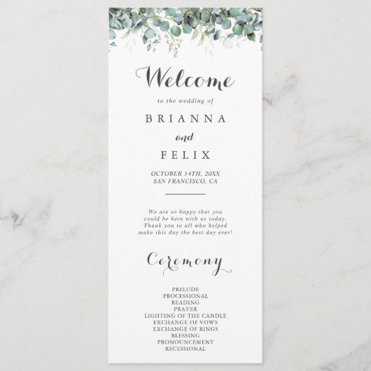 Rustic Botanical Eucalyptus Greenery Wedding Programmakaart (Voorkant)