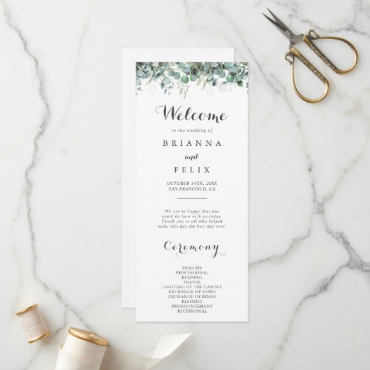 Rustic Botanical Eucalyptus Greenery Wedding Programmakaart (Voorkant / Achterkant in situ)