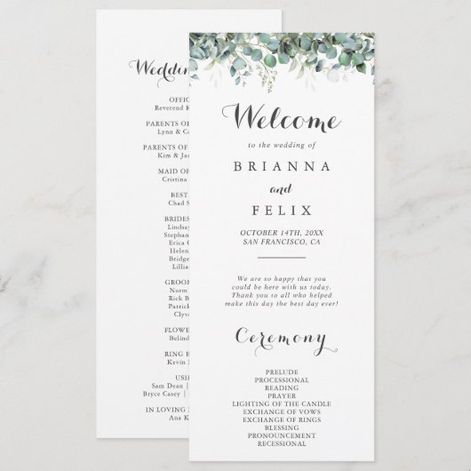Rustic Botanical Eucalyptus Greenery Wedding Programmakaart (Voorkant / Achterkant)