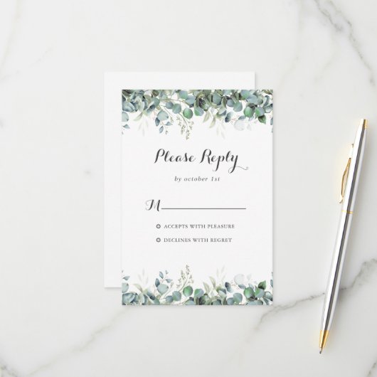 Rustic Botanical Eucalyptus Greenery Wedding RSVP Kaartje (Voorkant / Achterkant in situ)