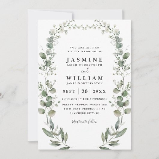 Rustic Botanical Eucalyptus Modern QR Code Wedding Kaart (Voorkant)