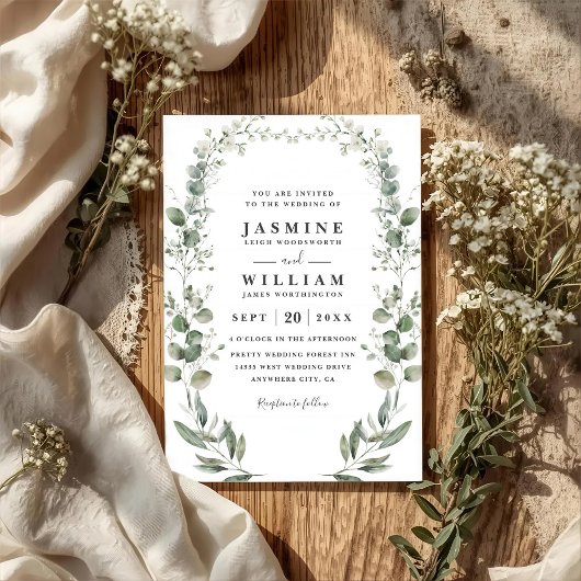 Rustic Botanical Eucalyptus Modern QR Code Wedding Kaart
