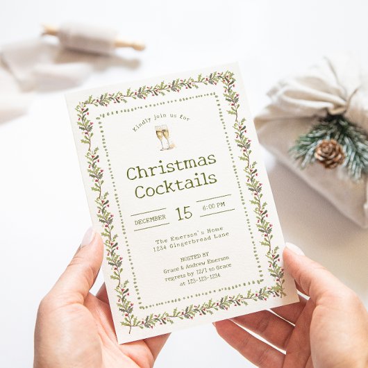 Rustic Botanical Green Christmas Party Invitation Kaart