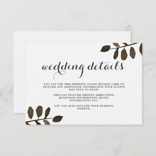 Rustic Botanical Leaves Wedding Guest Details Kaar Informatiekaartje (Voorkant / Achterkant)