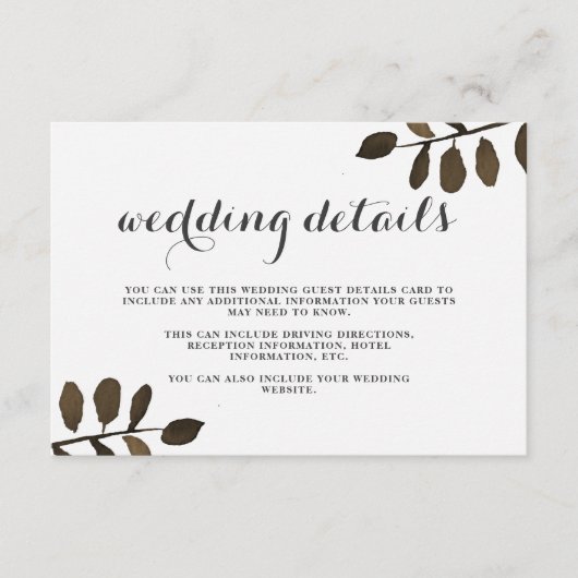 Rustic Botanical Leaves Wedding Guest Details Kaar Informatiekaartje (Voorkant)