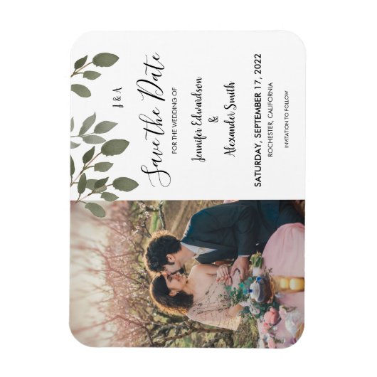 Rustic botanical monogram photo Save the Date Magneet (Verticaal)