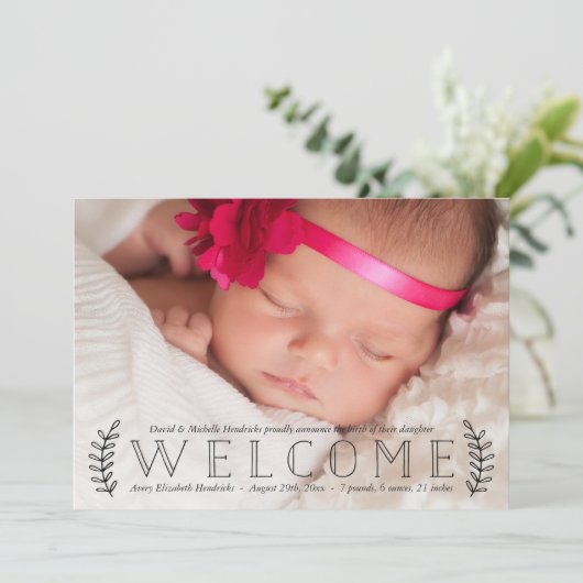 Rustic Botanical Overlay Photo Birth Notice Aankondiging (Staand voorkant)