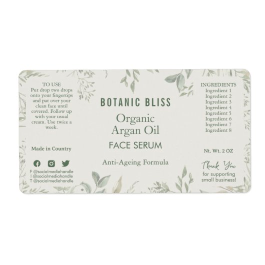 Rustic Botanical Salie Groene Cosmetische Product  Etiket (Voorkant)