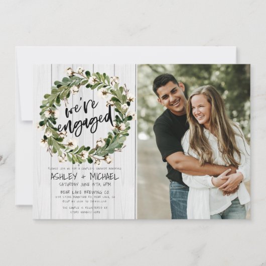 Rustic Botanical Wreath Script 2 Foto Verloving Kaart (Voorkant)
