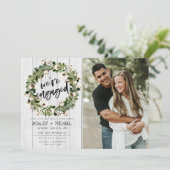 Rustic Botanical Wreath Script 2 Foto Verloving Kaart (Staand voorkant)