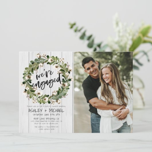 Rustic Botanical Wreath Script 2 Foto Verloving Kaart (Staand voorkant)