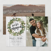 Rustic Botanical Wreath Script 2 Foto Verloving Kaart (Voorkant / Achterkant)