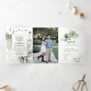 Rustic Botanicals Greenery & Gold Photo Wedding Drieluik Uitnodiging