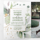 Rustic Botanicals Greenery & Gold Photo Wedding Drieluik Uitnodiging (Binnenzijde eerst)