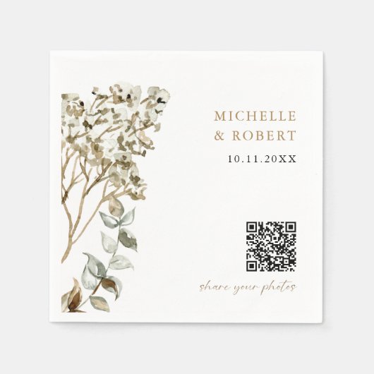 Rustic Botanische QR-code Deel je Foto's Bruiloft Servet (Voorkant)