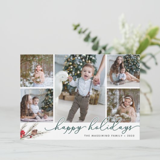 Rustic Bough | Holiday Photo Collage Card Feestdagenkaart (Staand voorkant)