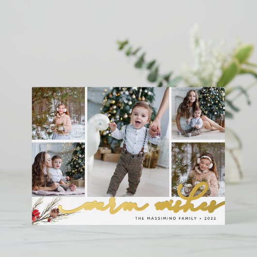 Rustic Bough | Warm Wish Photo Collage Folie Feestdagenkaart (Staand Voorkant)