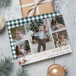 Rustic Bough | Warm Wish Photo Collage Folie Feestdagenkaart<br><div class="desc">De groeten van de vakantie van het aandeel met deze rustige kerst fotokaarten met vijf favoriete foto's in een collage lay-out (4 vierkant en één portret/verticaal). "Warm Wishes" staat onderaan in gouden folie, met handschrift geschreven typografie, voorzien van pijnboompitten, bessen en rode feestbloemen op een beschilderd hoest. Personaliseer uw systeem...</div>