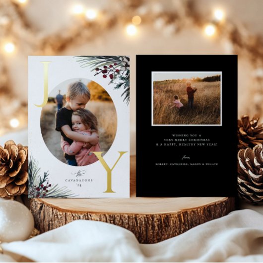 Rustic Boughs Gold Joy Holiday-fotokaart Folie Uitnodiging