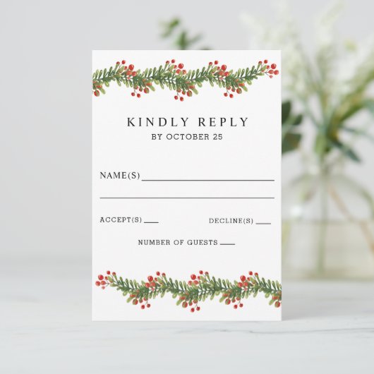 Rustic Boughs of Holly Winter Kerstbruilding RSVP Kaartje (Staand voorkant)