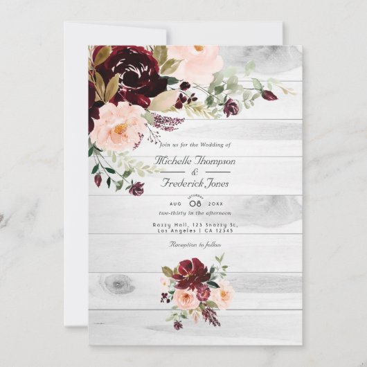 Rustic Bourgogne en Blush Floral QR Code Weddensch Kaart (Voorkant)