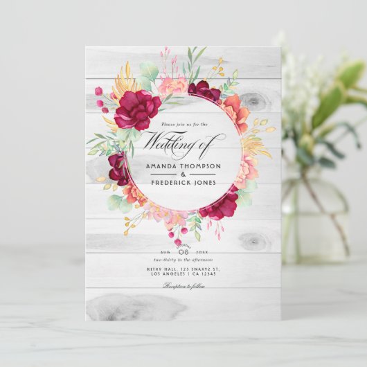 Rustic Bourgogne en Blush Floral QR Code Weddensch Kaart (Staand voorkant)