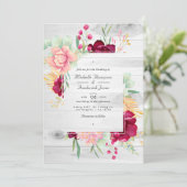 Rustic Bourgogne en Blush Floral QR Code Weddensch Kaart (Staand voorkant)