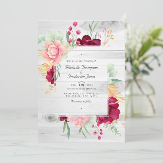 Rustic Bourgogne en Blush Floral QR Code Weddensch Kaart (Staand voorkant)