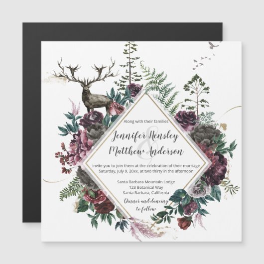 Rustic Bourgogne en grijze Floral Geometric Weddin Magnetische Uitnodiging (Voorkant / Achterkant)