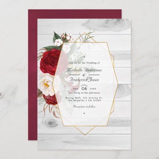 Rustic Bourgogne en White Floral Geometric Wedding Kaart (Voorkant / Achterkant)
