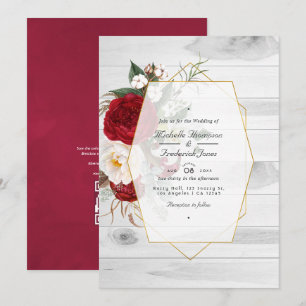 Rustic Bourgogne en White Floral Geometric Wedding Kaart