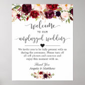 Rustic Bourgogne Floral unplugged Wedding Sign Poster (Voorkant)