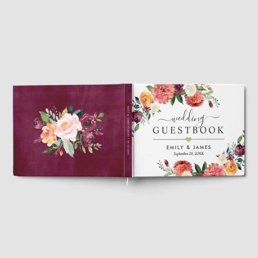 Rustic Bourgogne Herfst Floral Gold Wedding Monogr Gastenboek (Volledig)