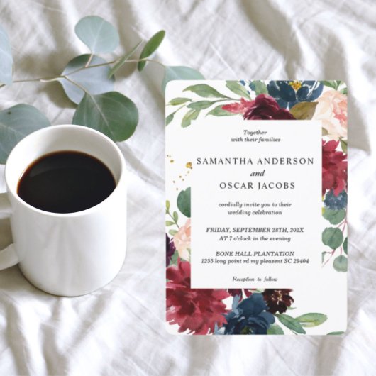 Rustic Bourgogne Lijst Blauw en Rode Floral Kaart