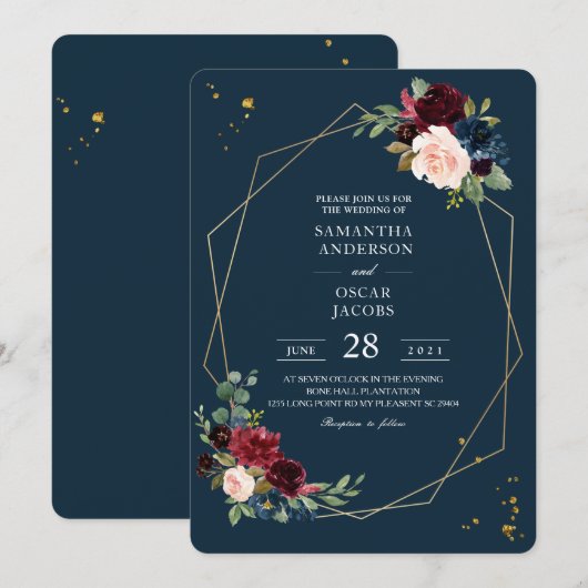 Rustic Bourgogne Lijst Blauw en Rode gouden bloeme Kaart (Voorkant / Achterkant)