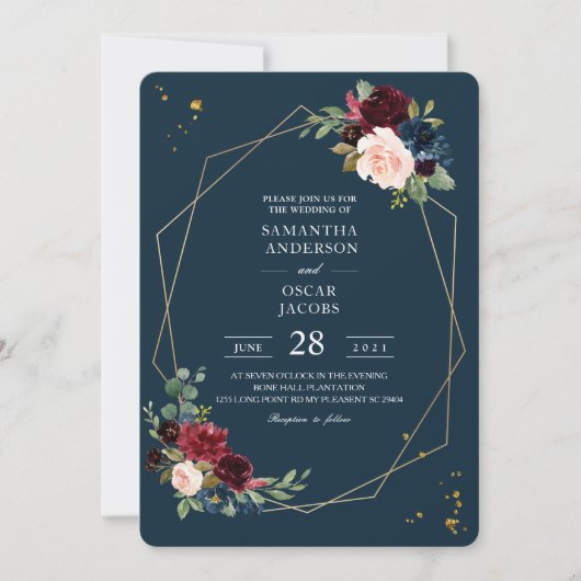 Rustic Bourgogne Lijst Blauw en Rode gouden bloeme Kaart (Voorkant)