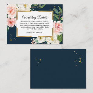 Rustic Bourgogne Navy Blue & Pink Floral Gold Lijs Informatiekaartje