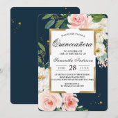 Rustic Bourgogne Navy Blue & Pink Floral Gold Lijs Kaart (Voorkant / Achterkant)