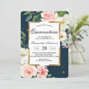 Rustic Bourgogne Navy Blue & Pink Floral Gold Lijs Kaart