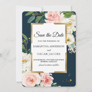 Rustic Bourgogne Navy Blue & Pink Floral Gold Lijs Save The Date