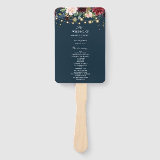 Rustic Bourgogne Navy Blue & Red Flowers & Lichten Handwaaier (Voorkant)