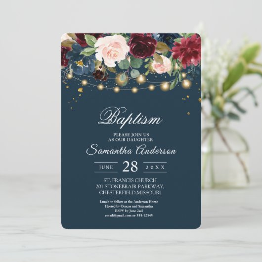 Rustic Bourgogne Navy Blue & Red Flowers & Lichten Kaart (Staand voorkant)