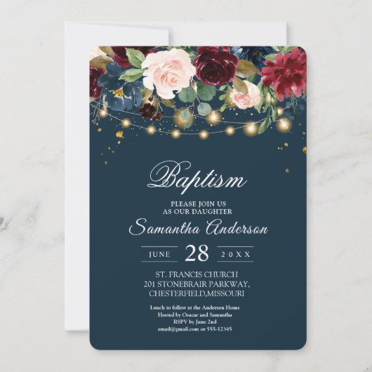 Rustic Bourgogne Navy Blue & Red Flowers & Lichten Kaart (Voorkant)